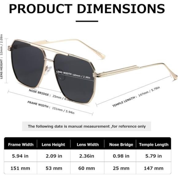 Polarized Sunglasses Women Men Retro Oversized Square Vintage Metal Shades - Picture 6 of 7